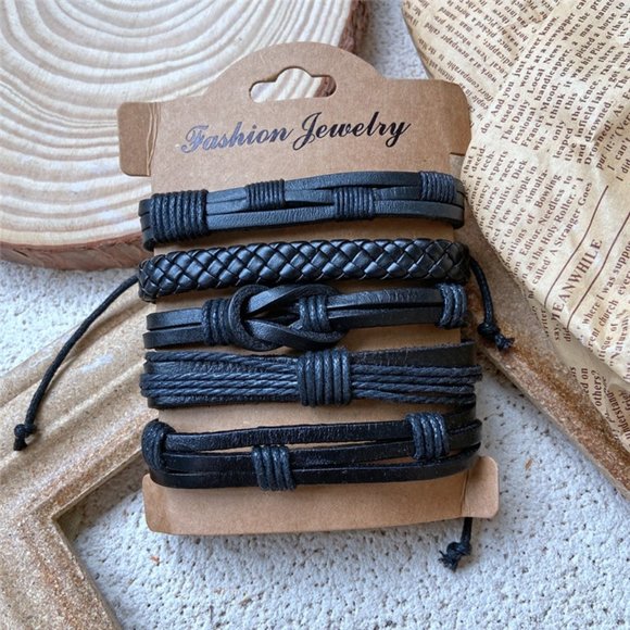 6pcs Men's Multilayer Leather Bracelet  (Braided) - ADJUSTABLE SIZES - Picture 2 of 3
